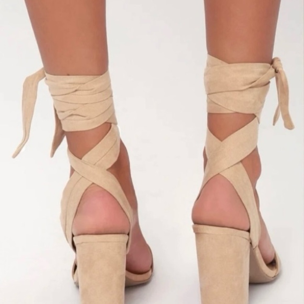 Lulu's Alta Lt. Nude Suede-like Block Heel Lace Up Sandals Size 9 Beige - Picture 13 of 15